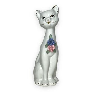 Vintage Porcelain Long Neck Cat White Ceramic Kitsch Floral 3D Gold Detail Paint